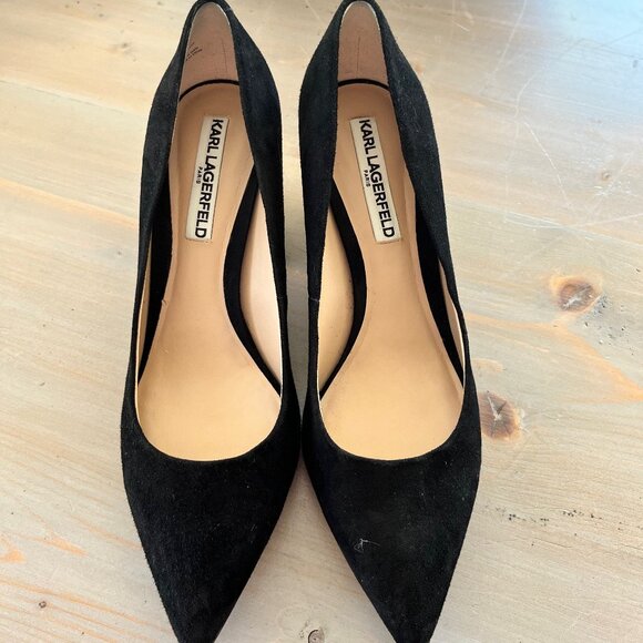 Karl Largerfeld Black Suede Rhinestone Block Heel Pumps - Picture 3 of 8